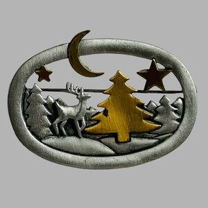 Vintage Signed JJ Pewter Winter Scene Brooch